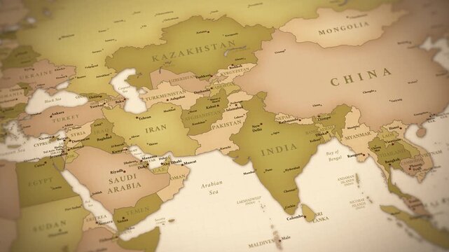 Asia and Middle East Political Map with Countries, Borders and Major Cities. Detailed political map of Asia, the Middle East, and Southeast Asia with country borders, major cities, and geographic labe