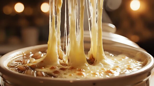 Delicious French Onion Soup with Melting Cheese Closeup.