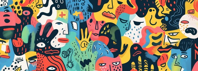 Fototapeta premium Abstract Crowd of Diverse Faces: A vibrant and imaginative artwork showcases a multitude of faces, each unique in expression and color, forming a dense, energetic crowd, representing a community. 