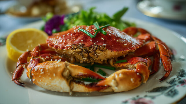 Cooked crab with cracked shell and visible meat on a plate