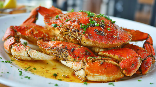 Cooked crab with cracked shell and visible meat on a plate