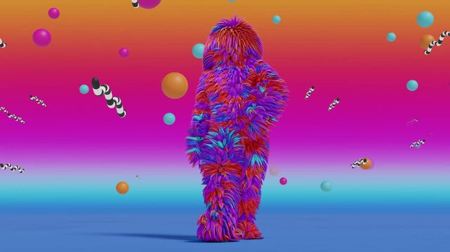 Dynamic seamless VJ loop featuring a shaggy, fibrous humanoid walking against a vibrant, luminous gradient background. For VJ sets, high-tech club visuals, music fest