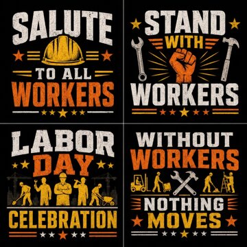Labor day tshirt design bundle, typography set with construction tools, workers, and inspirational quotes for international workers day