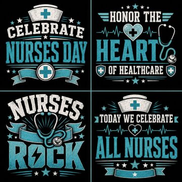 Set of four nursing themed tshirt designs with typography, stethoscope, nurse cap and heart icons, vector illustration on black background