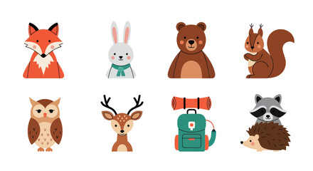 Fototapeta premium Cartoon forest animals and backpack