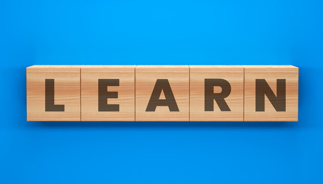 Learn - The Power of Education: A vibrant wooden block arrangement spells out the word LEARN, symbolizing the core of education and intellectual growth, all against a bright blue backdrop.