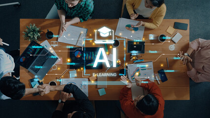 Plakat Artificial intelligence AI enhances online study courses with adaptive AI content, progress tracking and interactive AI learning experiences. AI assisted online e-learning school platform. Corpus