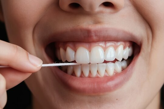 Person smiles showing white teeth while cleaning them with dental floss. Daily oral care routine for healthy gums and fresh breath. Woman practices good hygiene for cavity prevention.
