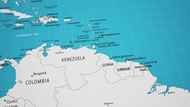 Caribbean and Northern South America Political Map Close-Up with Cities and Borders