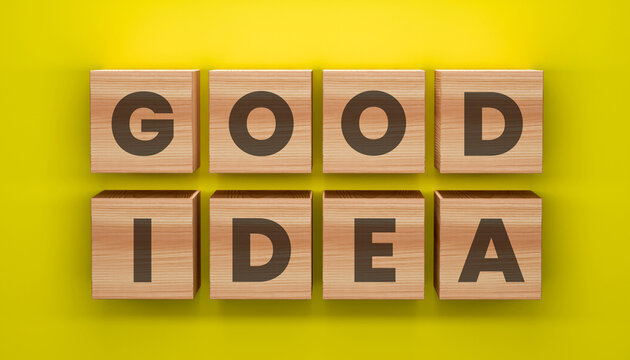Good Idea Concept: Wooden blocks spell out GOOD IDEA on a bright yellow background. The image is a visual representation of creativity and problem-solving.