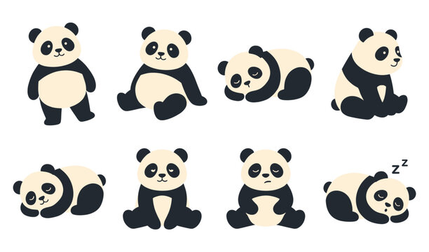 Cute cartoon panda bear characters collection set performing various sleeping poses