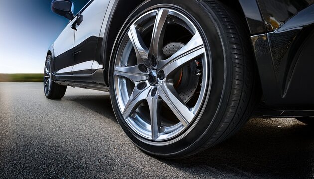 car front wheel and suspension while turning close up view of a black rubber tire with stylish silver and dark alloy wheel rim grey gray silver modern new vehicle in perspective view parking place
