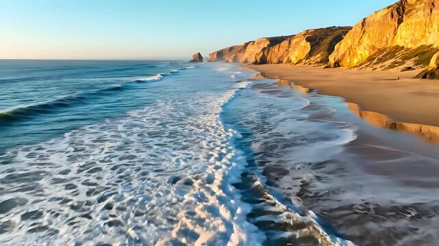 Golden Hour Waves Crash on Sandy Beach Cliffs.