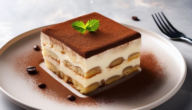 a square slice of tiramisu on a plate