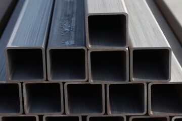 Obraz premium Stacked square metal tubes with clean industrial finish. Many rectangular steel pipes stored outdoors in neat rows. Material for construction fabrication engineering.