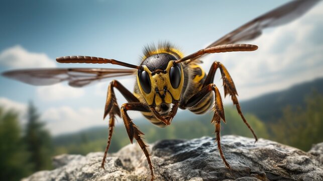 A photo of a wasp in mid-flight