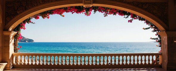 Obraz premium Archway with pink flowers frames ocean view from balcony railing. Clear sky over blue water with distant land. Ideal for travel and relaxation themes.