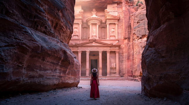 Woman experiencing journey to al-khazneh petra jordan