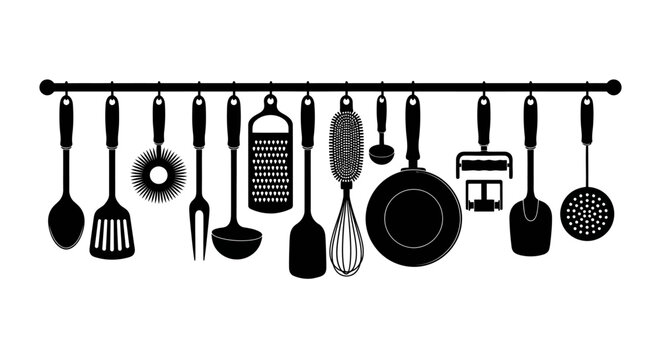 Essential kitchen utensils set in black silhouette, neatly arranged and hanging on a rack, showcasing various cooking tools and equipment for culinary tasks