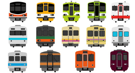 A vibrant collection of diverse train fronts in a modern flat design, showcasing various railway locomotives for urban and regional transport systems © Viadalla