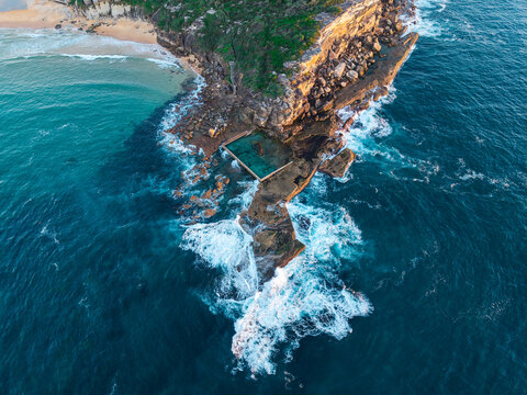 Morning aerial view of North Curl Curl rock pool, Sydney, Australia.