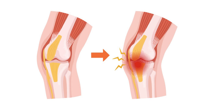 Knee Pain and Arthritis Illustration Comparing Healthy Joint to Inflamed, Damaged Cartilage and Bone Structure
