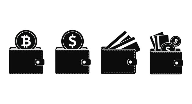 Modern wallet icons set showing diverse financial assets like digital currency, cash, and payment cards, representing money management and secure transactions for commerce