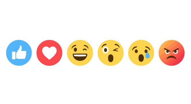 A diverse array of social media reaction icons, digitally rendered to express human emotions like joy, surprise, sadness, and anger, fostering interactive online communication