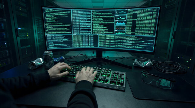 Hacker programming codes on curved monitor in server room