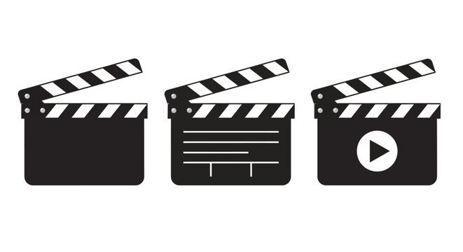 Set of three black clapperboards on a white background, symbolizing film production, cinema, and video creation