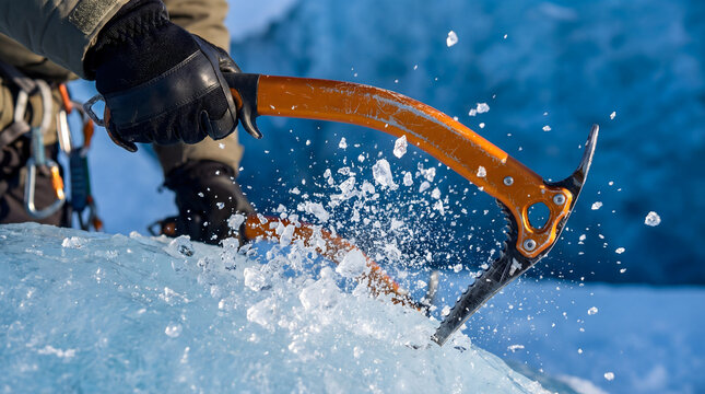 Ice climber striking axe into glacier ice