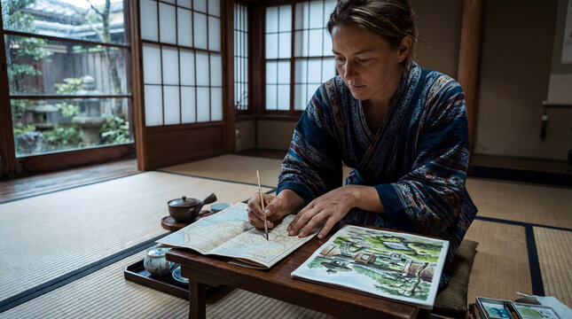 Woman painting watercolor map in traditional japanese house