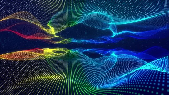 3d render VJ loop. Colorful moving lights animation. Seamless animated visuals created by luminous moving light spectra. Futuristic projection using glowing particles and everchanging rainbow colors