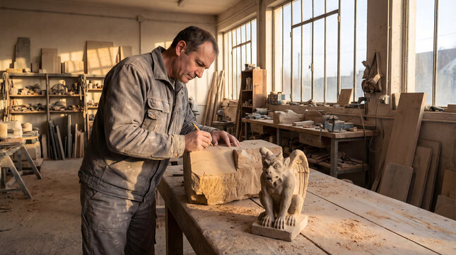 Older stone mason carving gargoyle sculpture in workshop