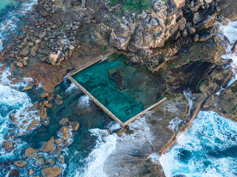 Morning aerial view of North Curl Curl rock pool, Sydney, Australia.