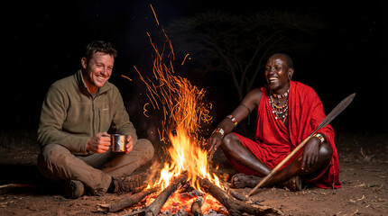 Naklejka premium Maasai man and traveler sharing campfire at night
