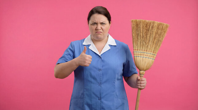 Housekeeper giving thumbs up with grumpy expression