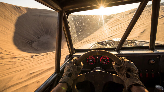 Driving dune buggy off-road into desert sunset adventure