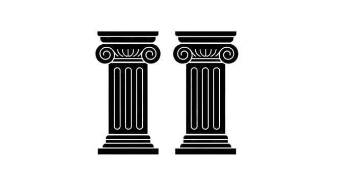 Minimal black silhouette icon, simple flat vector, bold black shape, no, no shading two classic ionic columns on a, flat icon style
