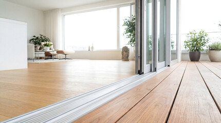 Obraz premium Modern living room opening to outdoor wooden terrace