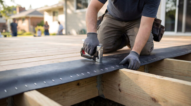 Worker stapling flashing tape on deck joist for construction