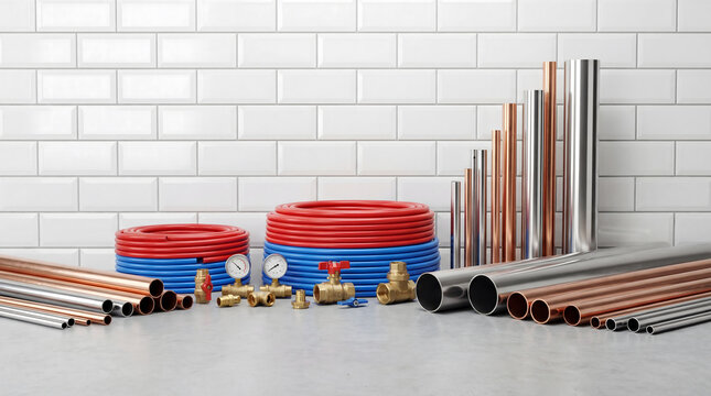 Plumbing pipes and pex hose with brass fittings on counter