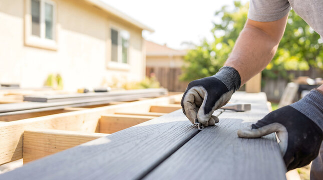 Worker installing composite decking with hidden fasteners