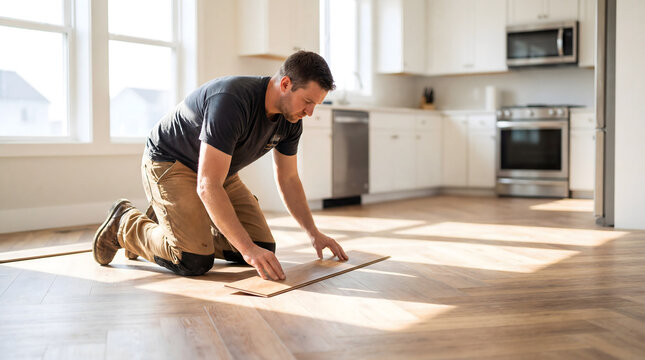 Man installing laminate flooring in new modern kitchen