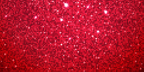 Vibrant red background of small circular sequins in varying shades. Bright white star glints and soft bokeh dots create a sparkling, festive glitter effect. © Olga Moonlight