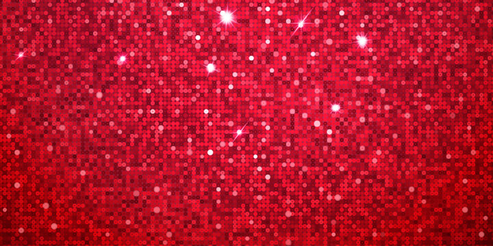 Vibrant red background of small circular sequins in varying shades. Bright white star glints and soft bokeh dots create a sparkling, festive glitter effect.