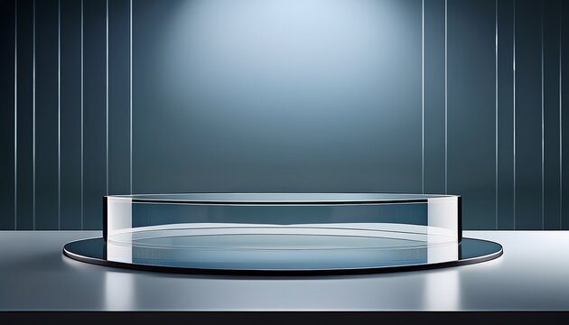 a minimalist product podium with a clear glass surface and a floating appearance the podium is supported by discreet metal supports that are barely visible giving the illusion that the product is