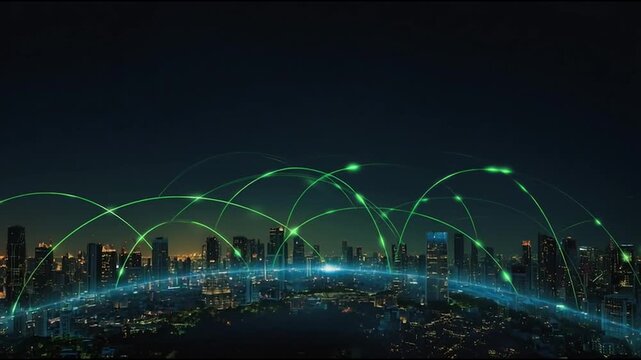 Smart city with connection network reciprocity over the cityscape social media networking systems that connects on the peak of success amid tall, innovative Smart city and graphs with statistics 
