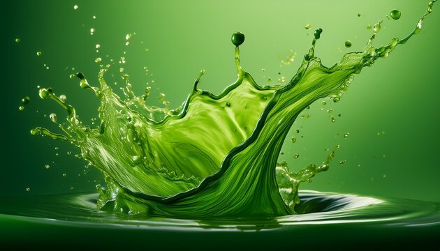a powerful splash of green juice is frozen in time creating an abstract wave like pattern against a deep green background the juices rich color suggests a fresh natural flavor and the droplets