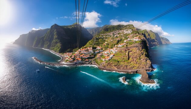 achadas da cruz madeira portugal the coastal small village with the steepest cable car in europe aerial drone view
